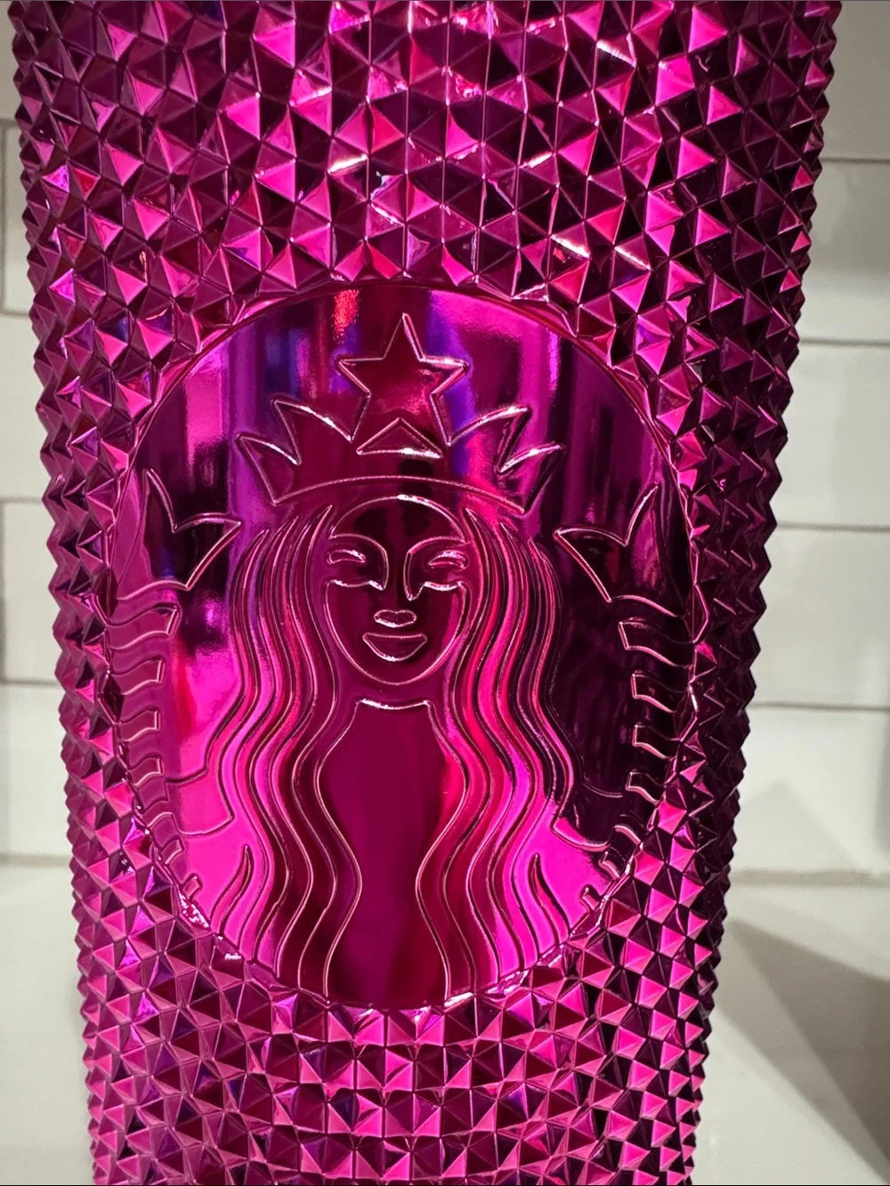 Starbucks Venti Metallic Magenta Textured Studded Tumbler Cold Cup with Straw